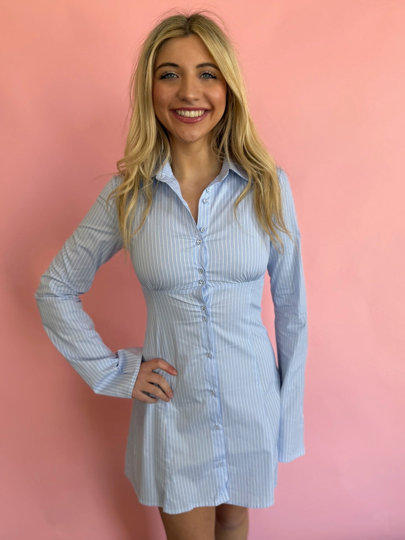 BLUE PINSTRIPE SHIRT DRESS