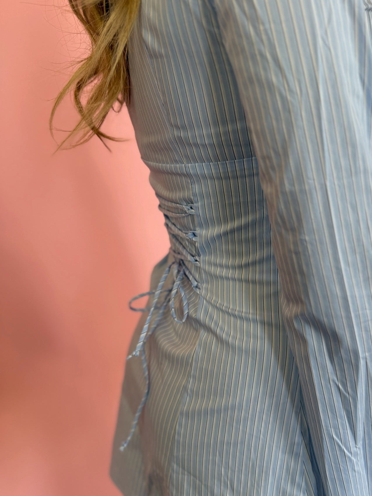 BLUE PINSTRIPE SHIRT DRESS