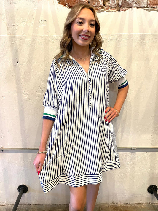 BLUE STRIPED SEERSUCKER DRESS