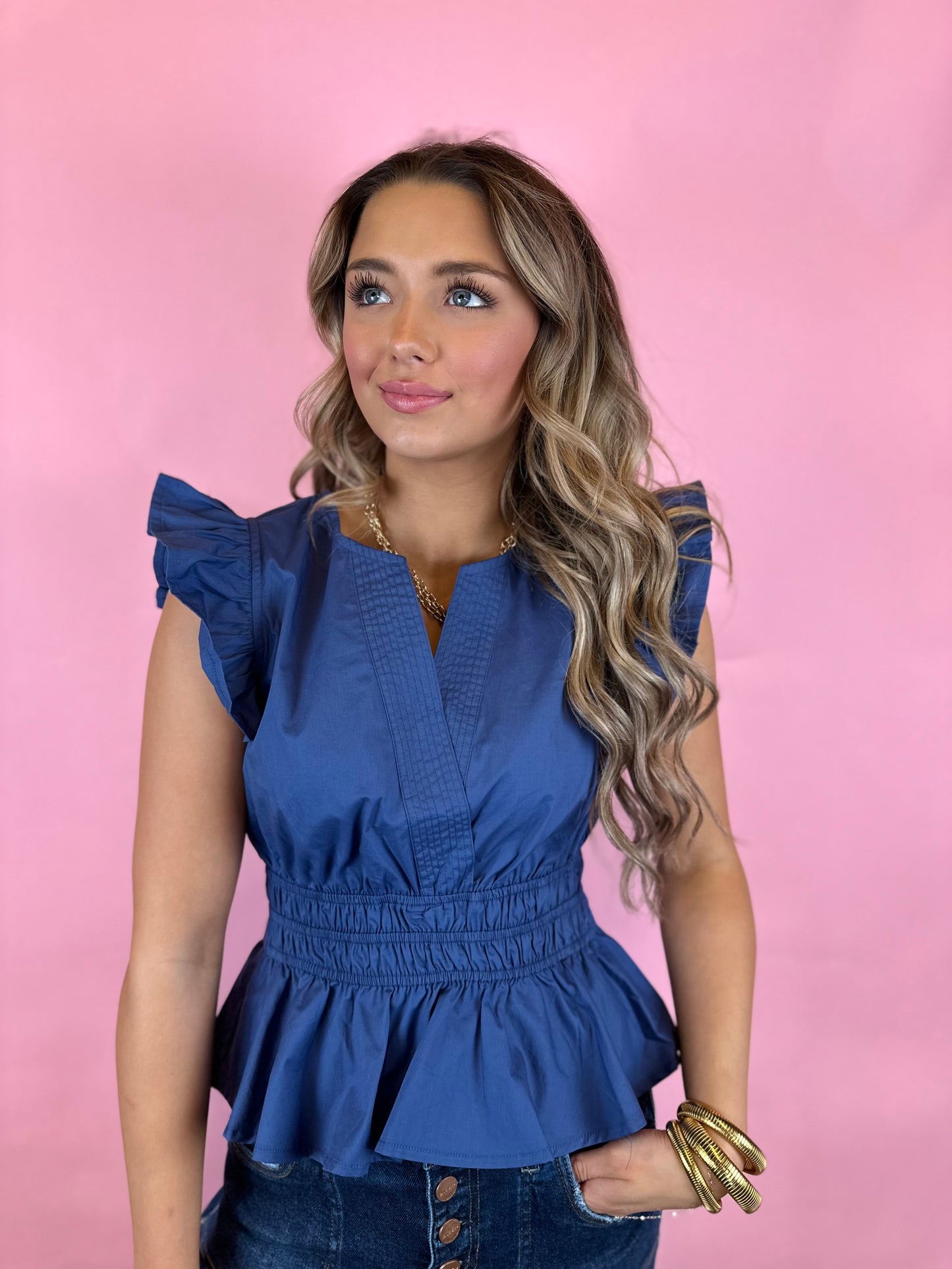 BLUE RUCHED WAIST TOP