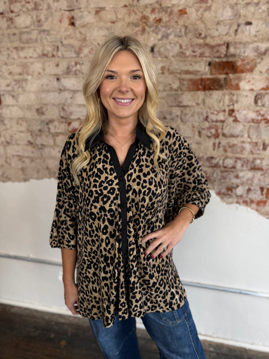 CHEETAH OVERSIZED BUTTON UP TOP