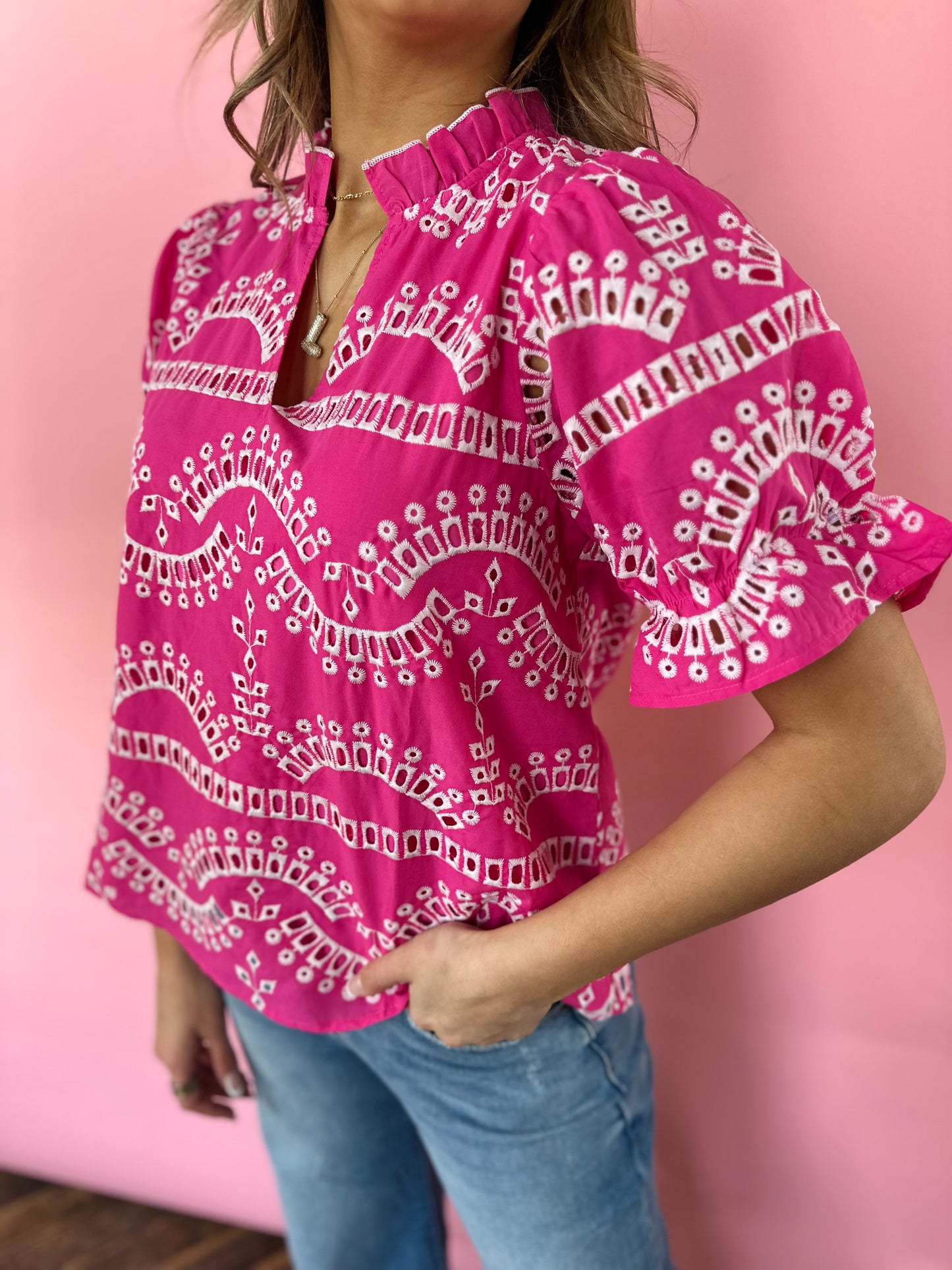 HOT PINK EMBROIDERED TOP