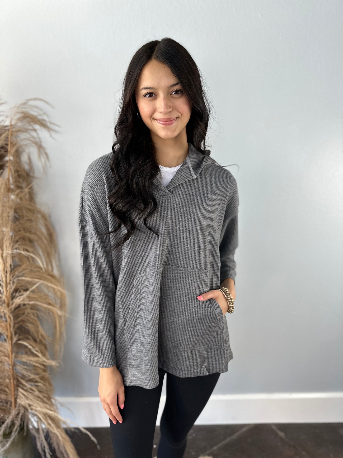 SOFT GREY WAFFLE OVERSIZED PULLOVER TOP