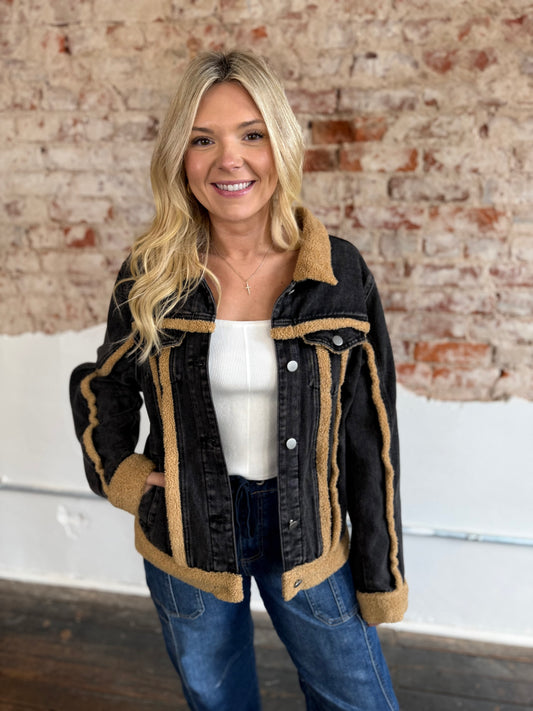 BLACK DENIM TAN SHERPA JACKET