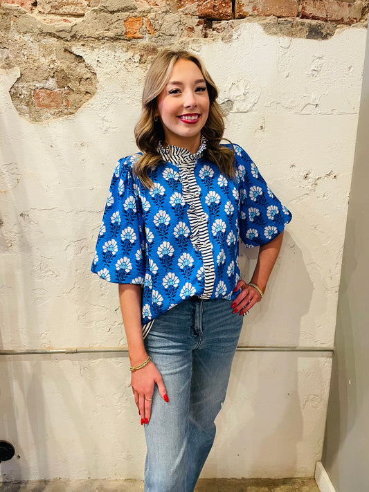 DARK BLUE FLORAL STRIPE RUFFLE TOP