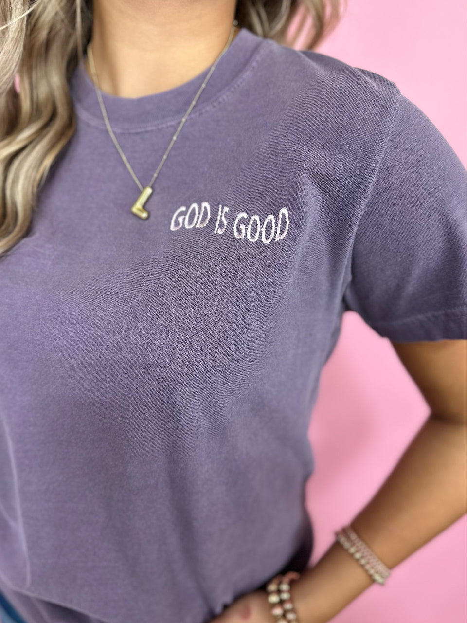 PURPLE GOD IS GOOD CROSS TEE