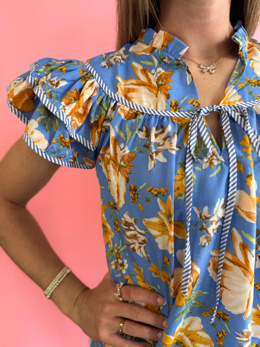BLUE FLORAL PIPING DETAIL TOP