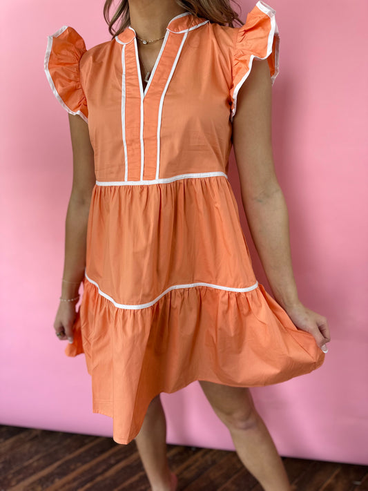 PEACH WHITE PIPING DRESS