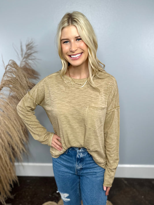 TAUPE FRONT POCKET LONG SLEEVE TOP