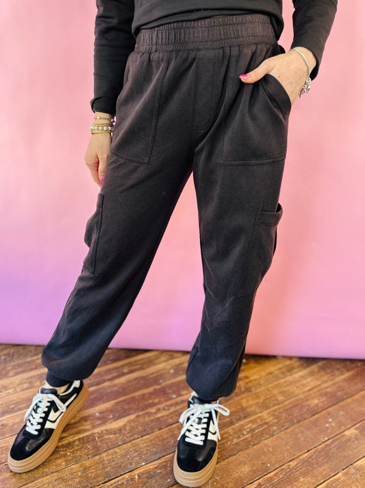 BLACK SUEDE FEEL CARGO JOGGERS