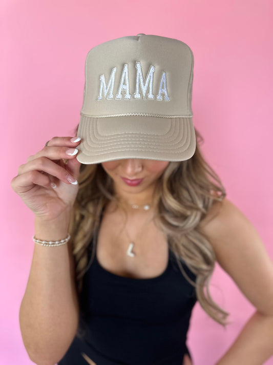 VARSITY MAMA TAN TRUCKER HAT