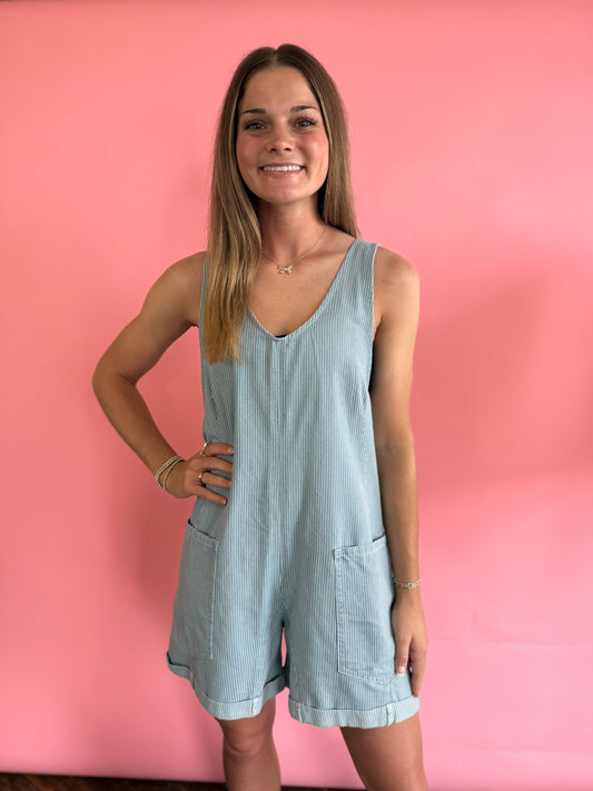 STRIPED DENIM ROMPER