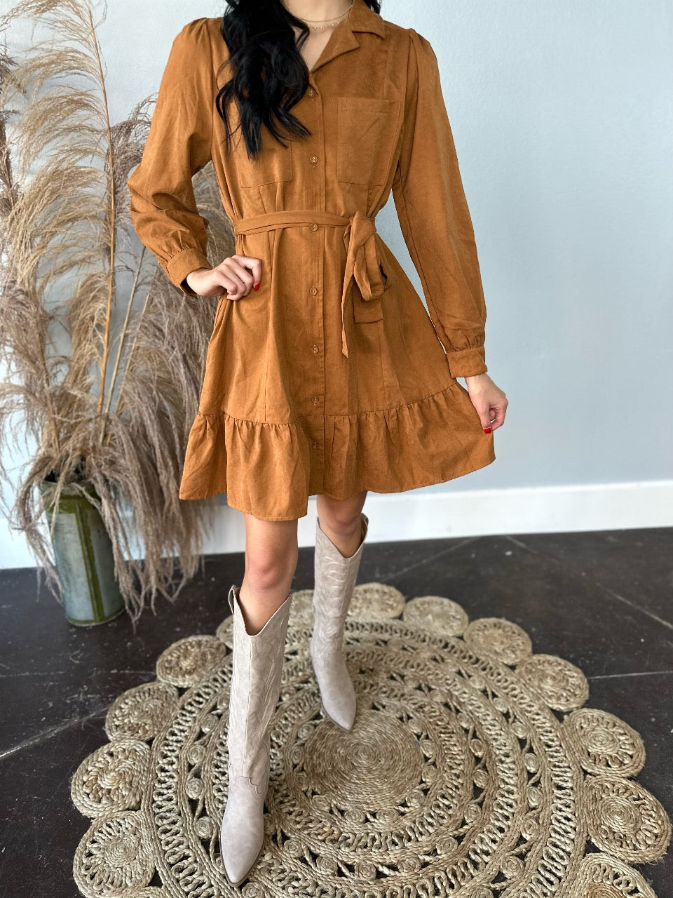 CAMEL SUEDE FEEL BUTTON UP DRESS