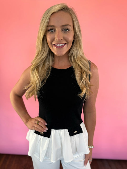 BLACK FITTED PEPLUM W/WHITE