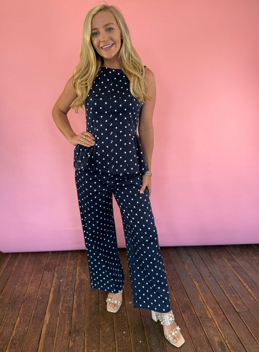 NAVY POLK-A-DOT DENIM SET