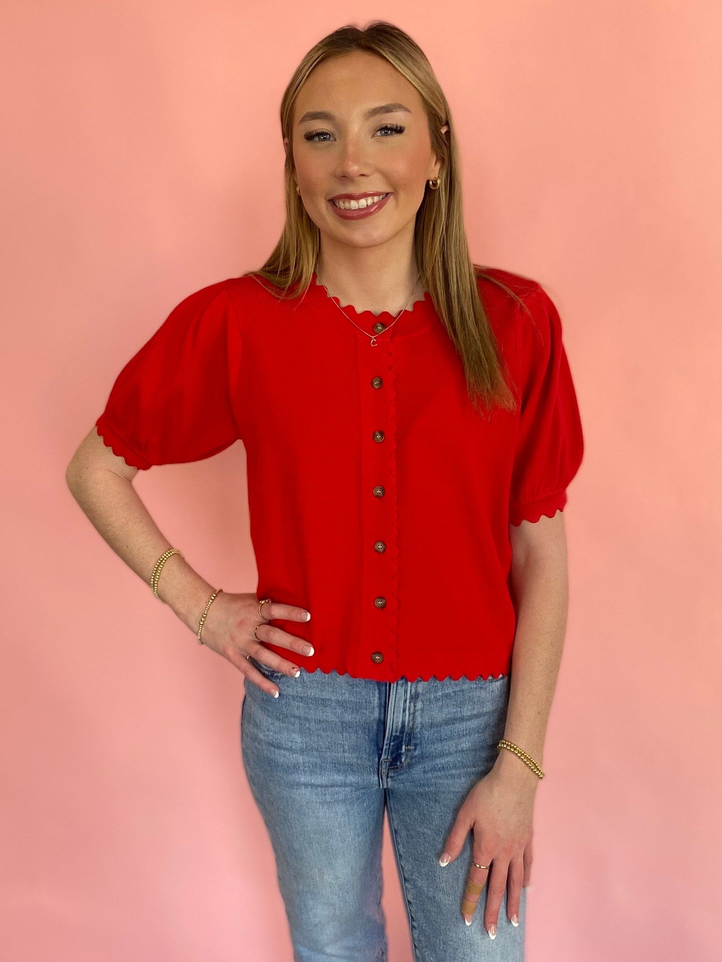 RED SHORT PUFF SLEEVE BUTTON UP TOP