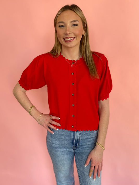 RED SHORT PUFF SLEEVE BUTTON UP TOP