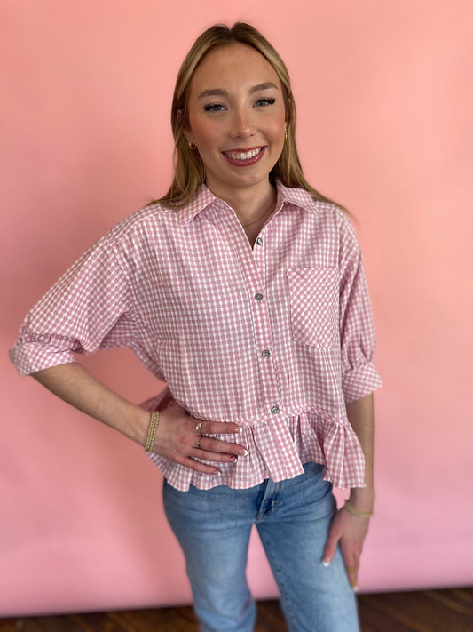 PINK GINGHAM BUTTON UP TOP