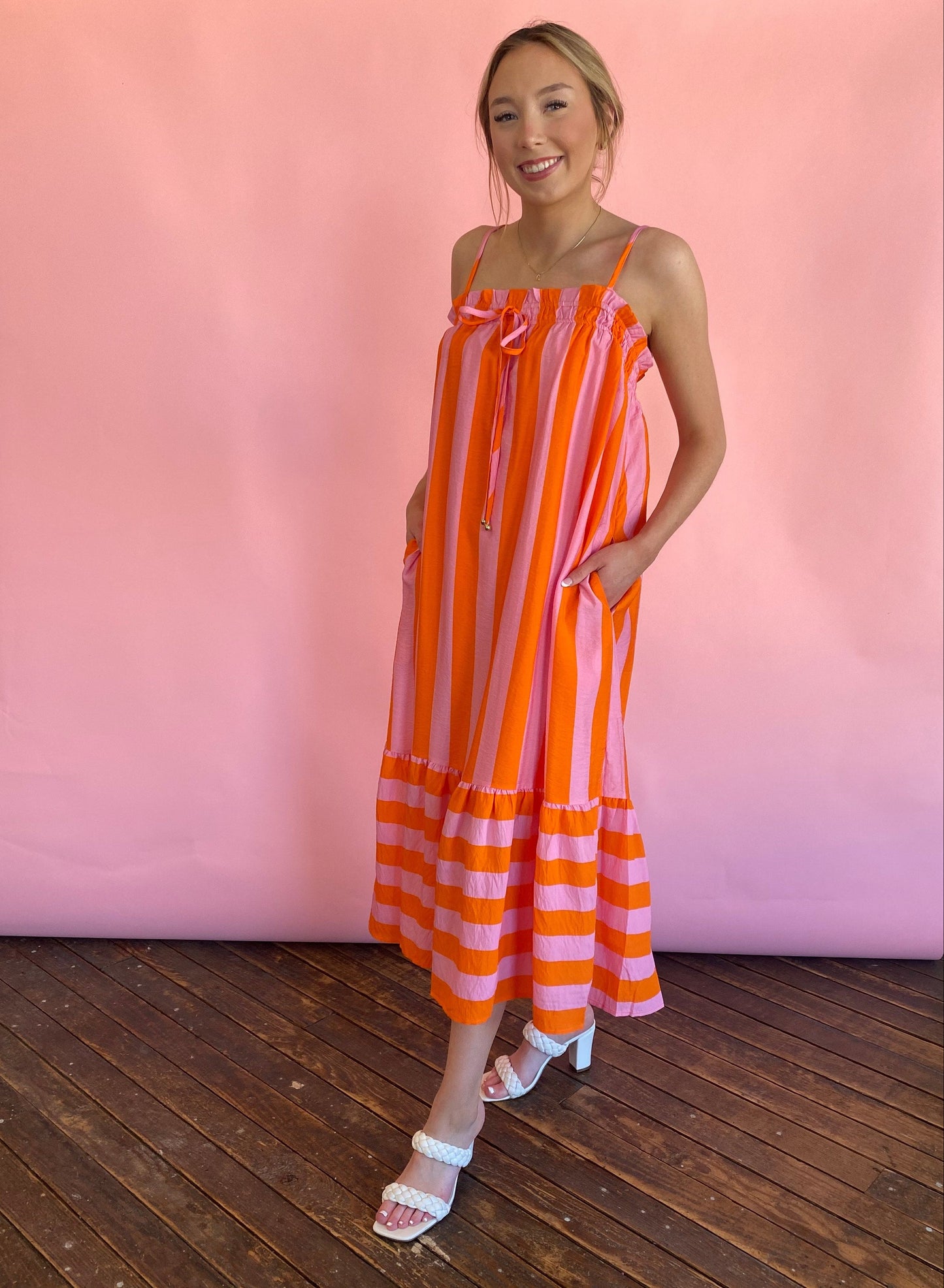 PINK ORANGE SPAGHETTI STRAP DRESS