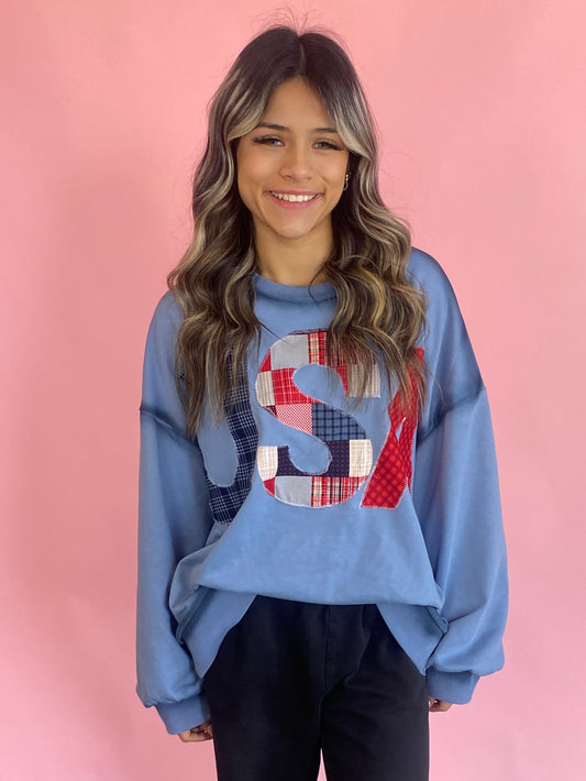 BLUE OVERSIZED USA OUTLINE SWEATSHIRT