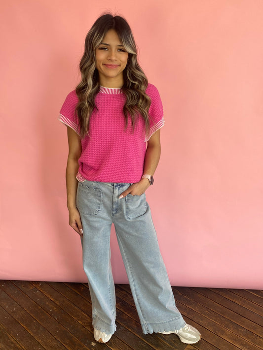 HOT PINK WOVEN SWEATER TOP