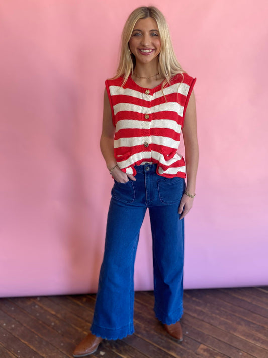 RED WHITE SWEATER W/GOLD BUTTONS