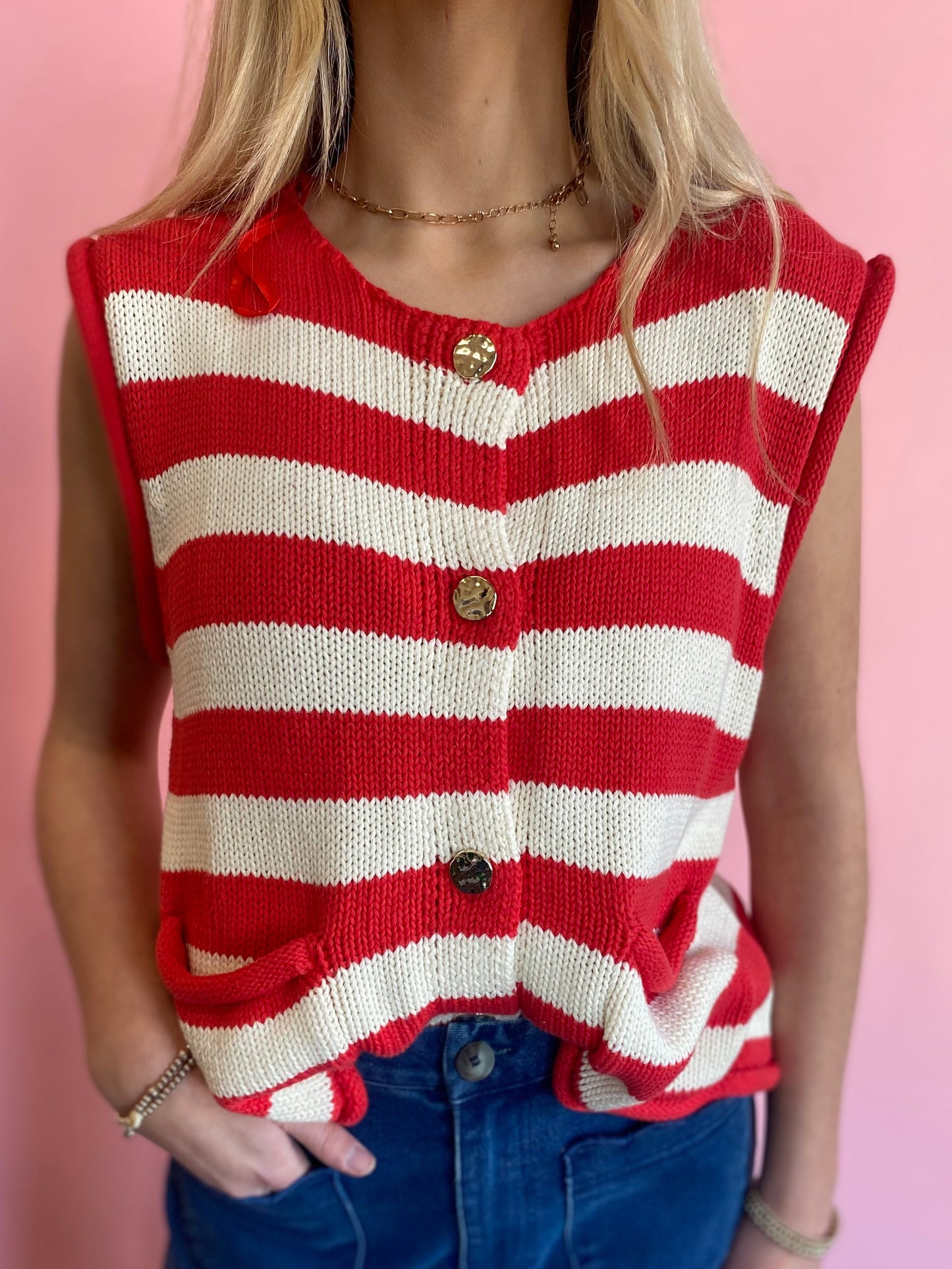 RED WHITE SWEATER W/GOLD BUTTONS