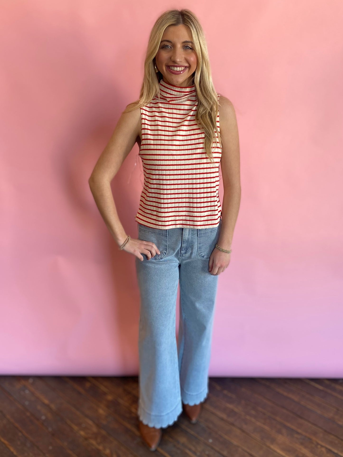 RED AND CREAM STRIPE SWEATER TANK