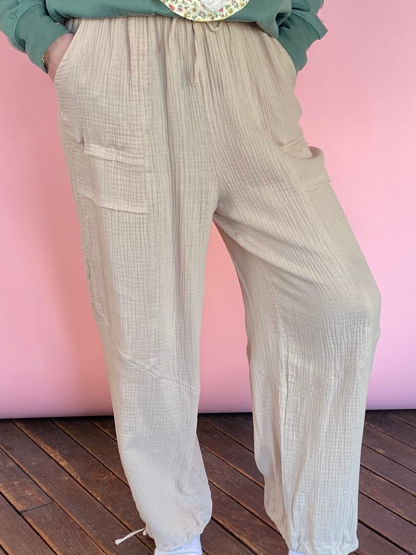 TAUPE WIDE LEG GAUZE PANTS