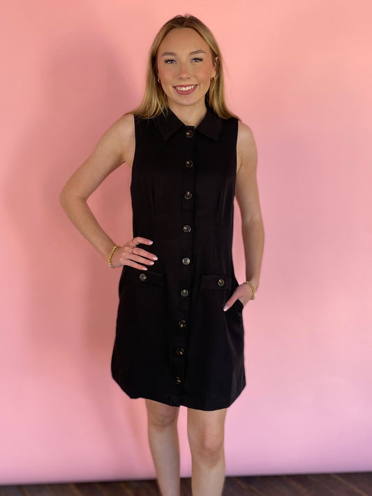 BLACK SLEEVELESS BROWN BUTTON UP DRESS