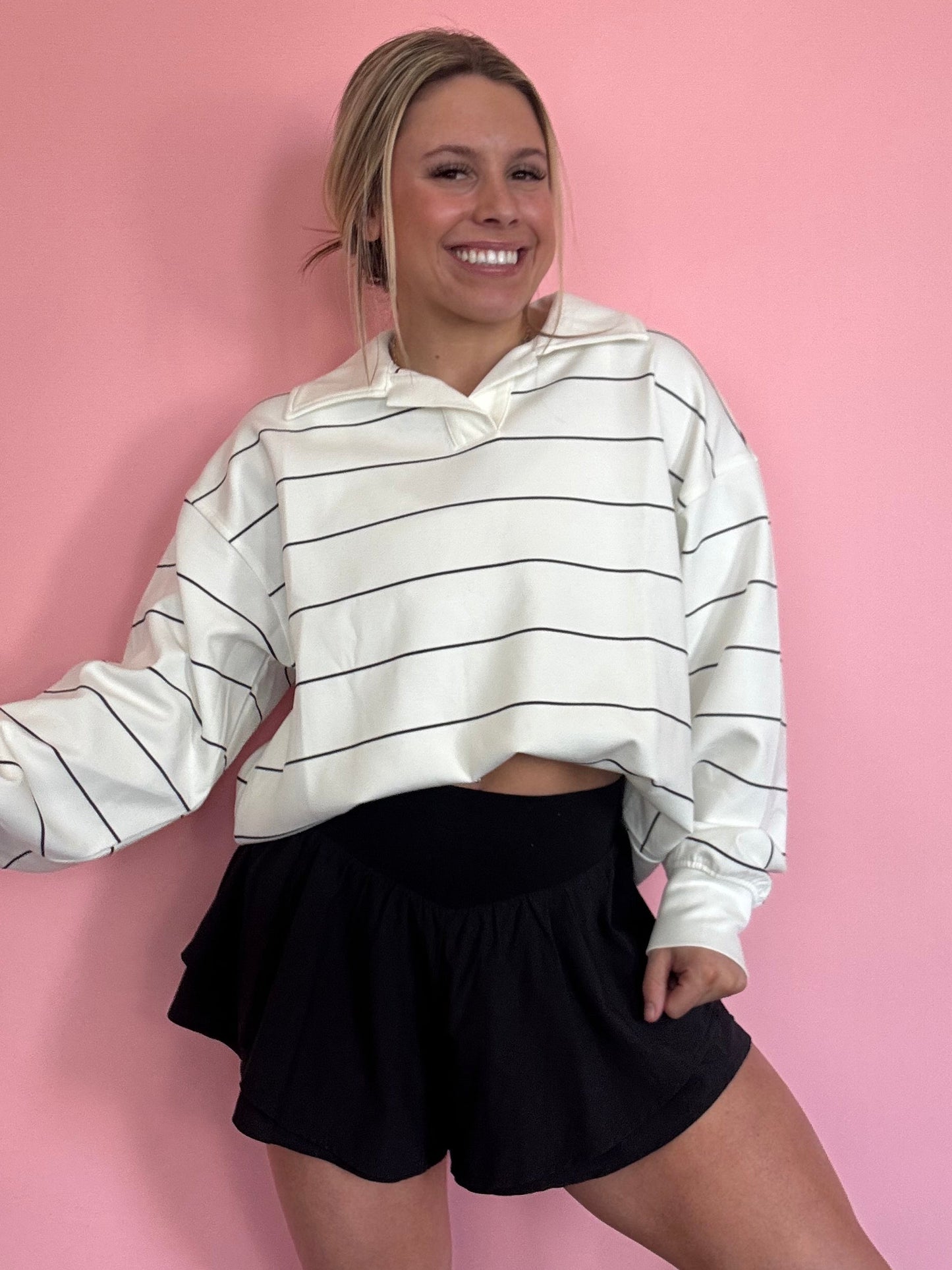 COOL FEELS STRIPED COLLAR TOP