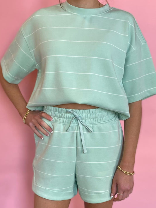 MINT/CREAM STRIPED SHORT SET