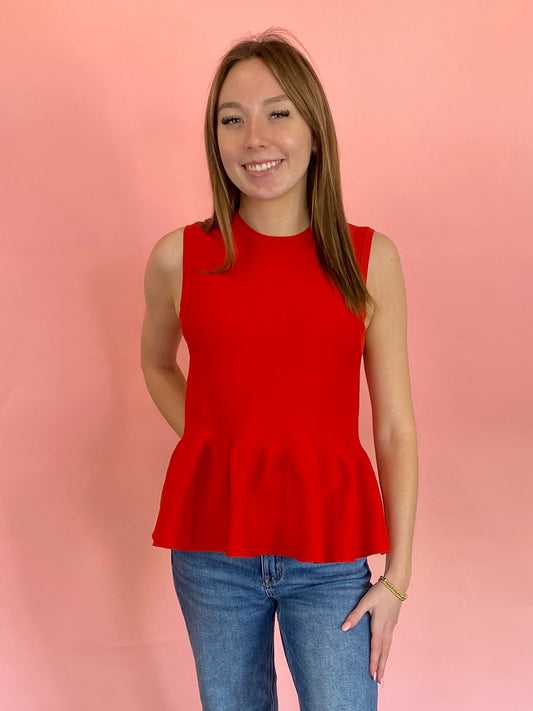 RED SLEEVELESS PEPLUM TOP