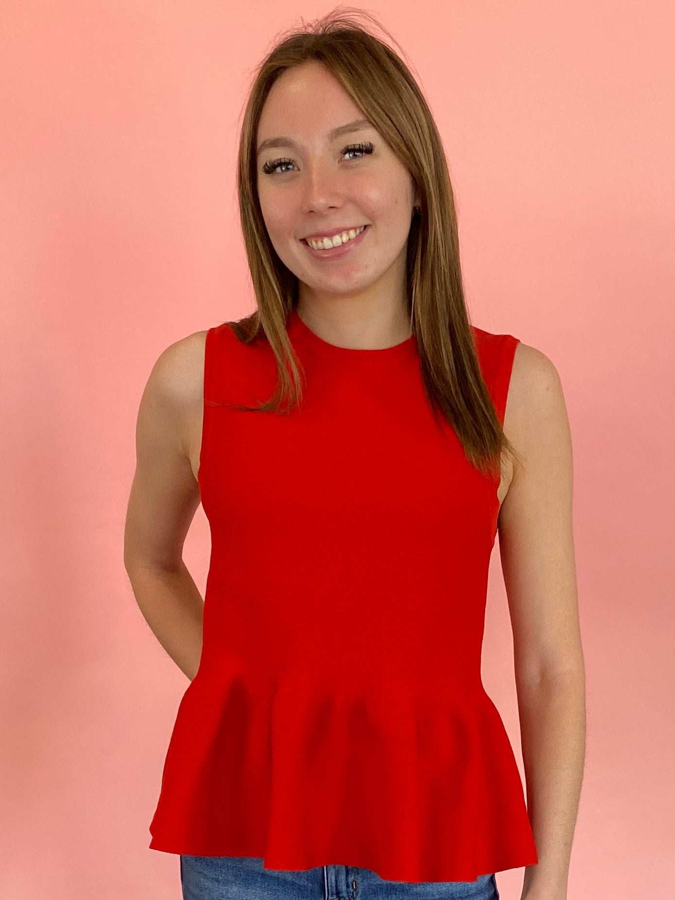 RED SLEEVELESS PEPLUM TOP