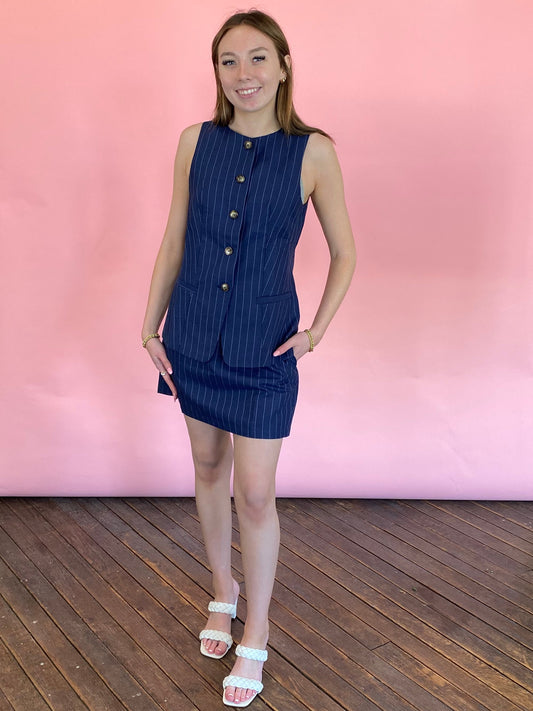 NAVY AND WHITE PINSTRIPE SKIRT SET