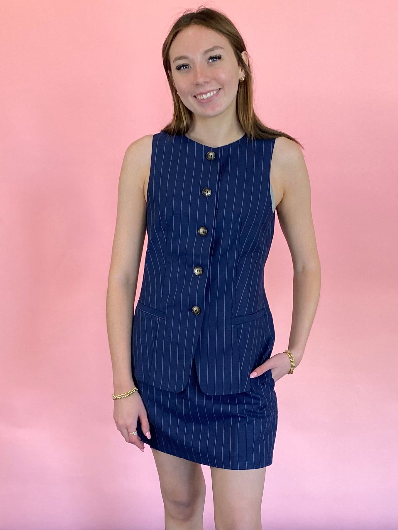 NAVY AND WHITE PINSTRIPE SKIRT SET