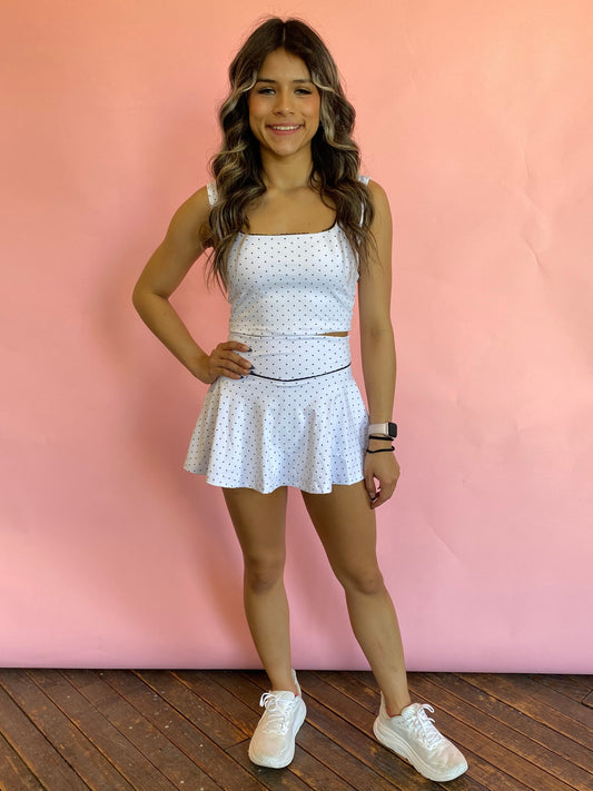 WHITE/BLACK POLKADOT BOW SKIRT SET