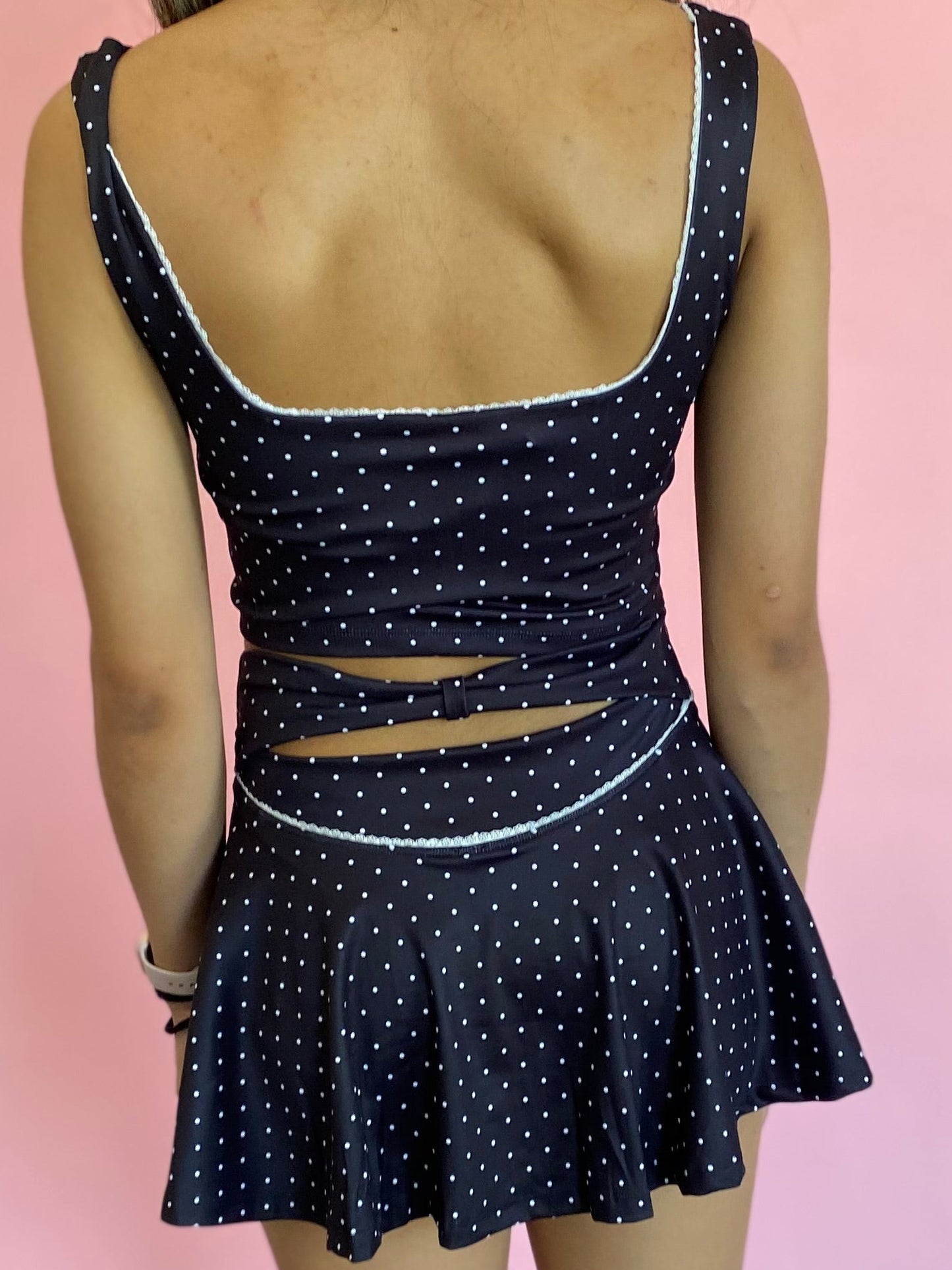 BLACK/WHITE POLKADOT BOW SKIRT SET