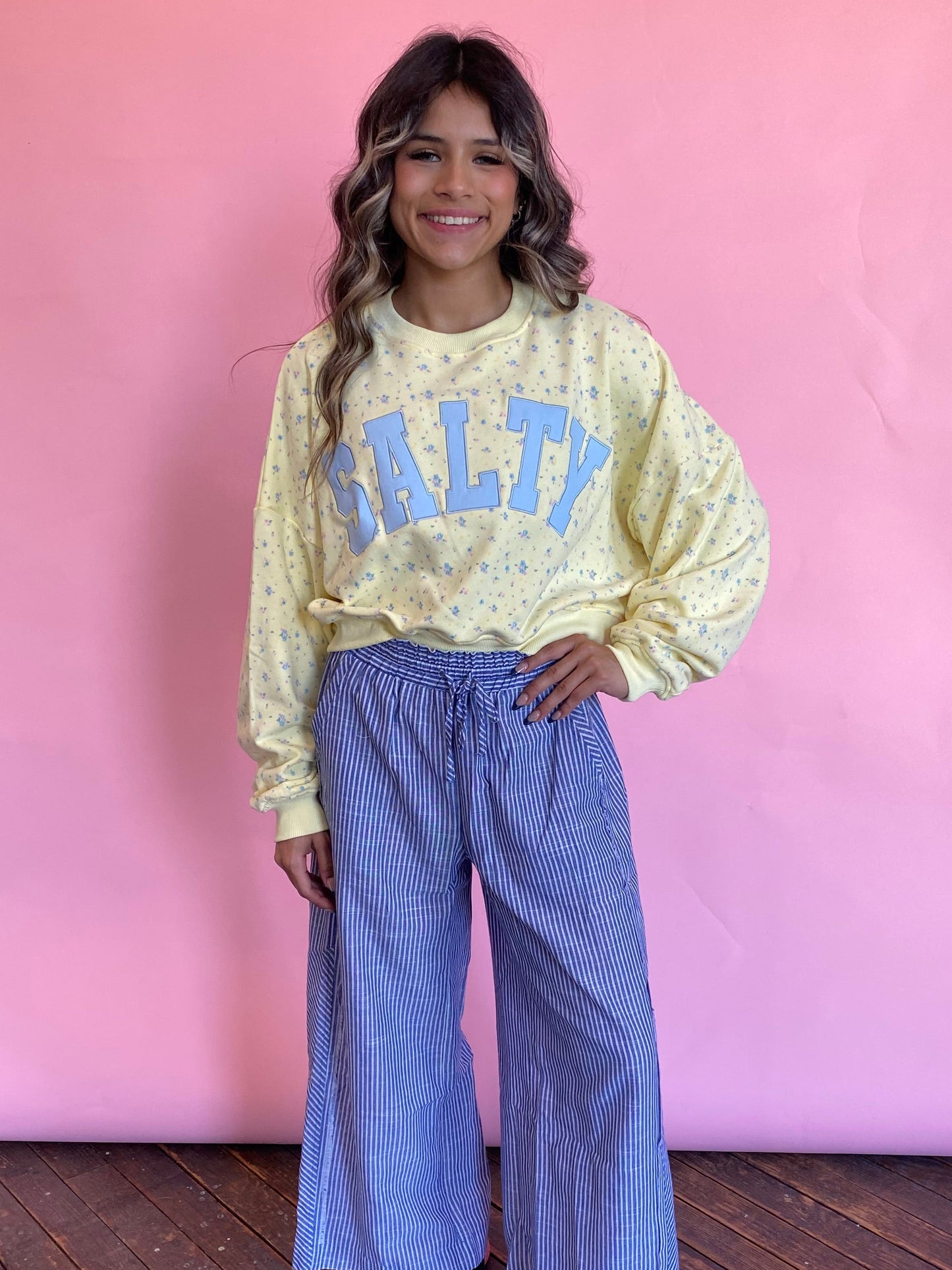 BLUE/WHITE STRIPED WIDE LEG PANTS