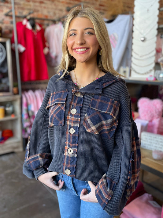 NAVY WAFFLE PLAID TOP