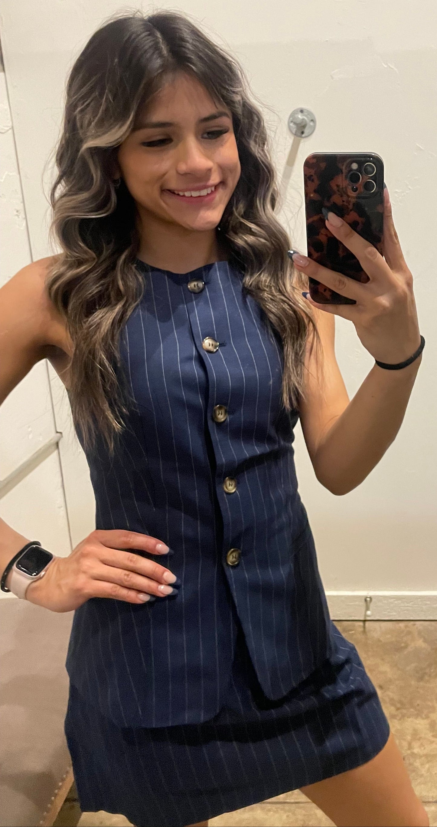 NAVY AND WHITE PINSTRIPE SKIRT SET