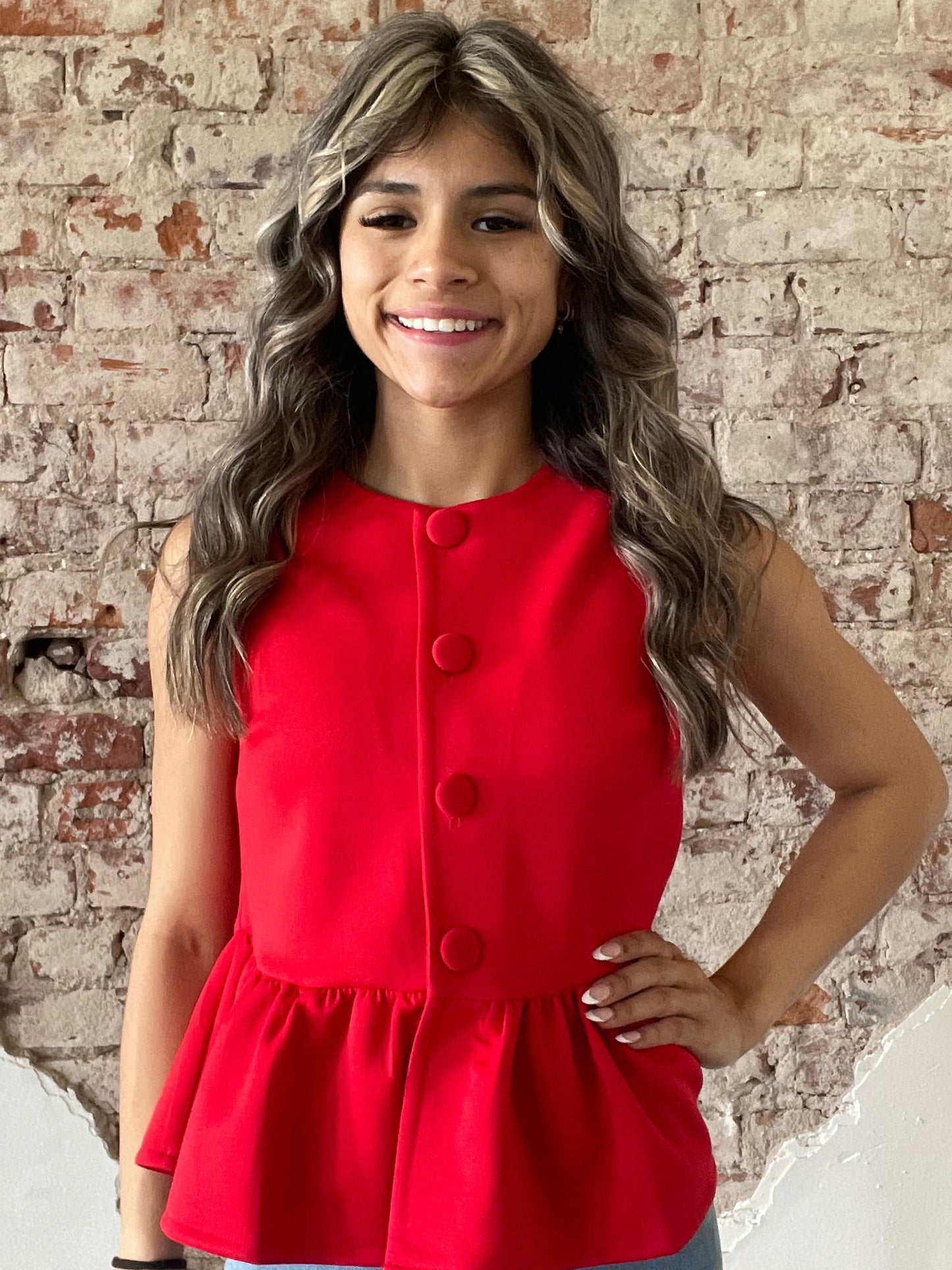 RED BUTTON UP PEPLUM TOP