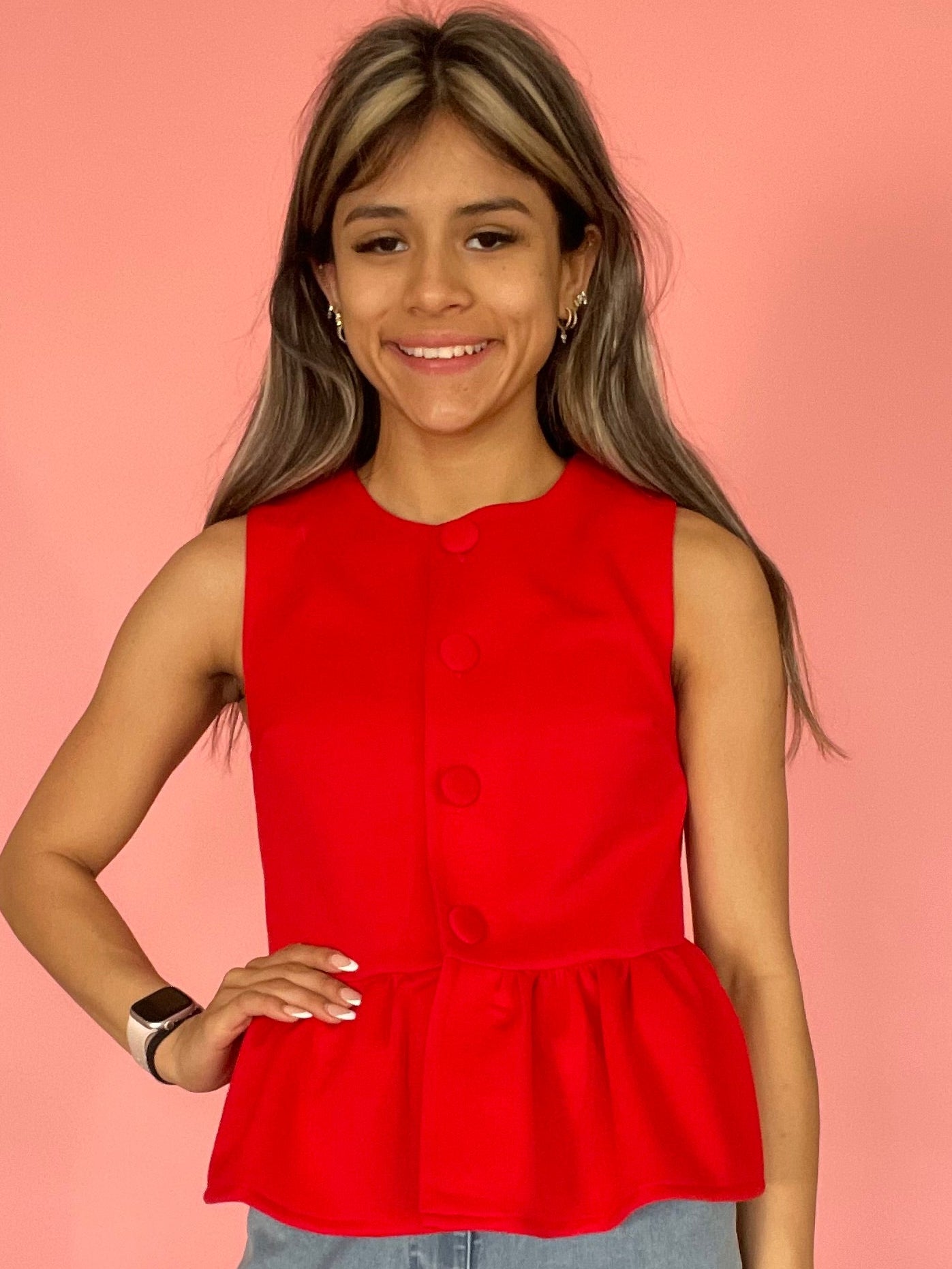 RED BUTTON UP PEPLUM TOP