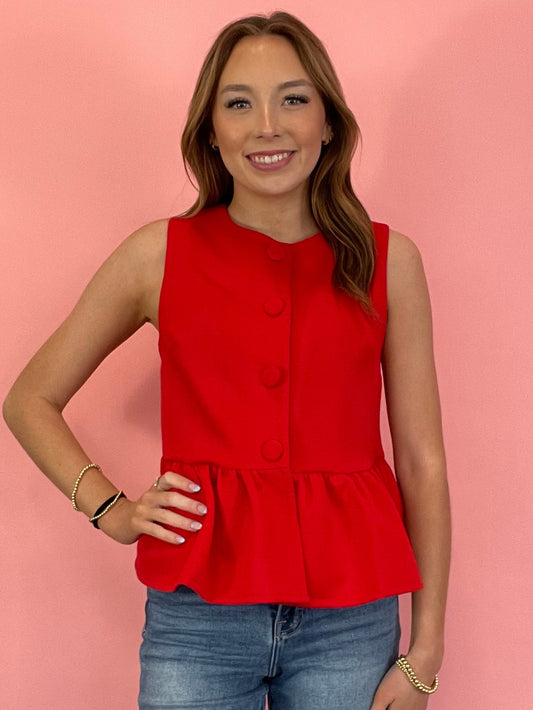 RED BUTTON UP PEPLUM TOP