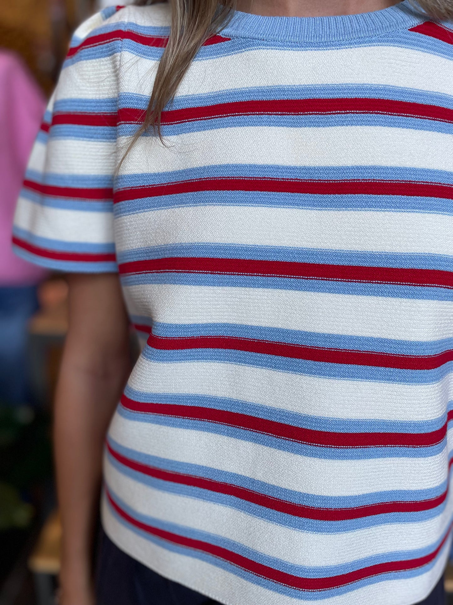 CREAM/RED/LT BLUE STRIPE TOP