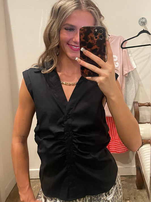 BLACK RUCHED SIDES SLEEVELESS TOP