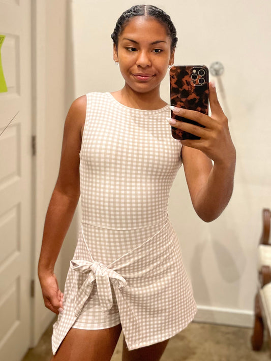 KHAKI GINGHAM WRAP TIE DRESS