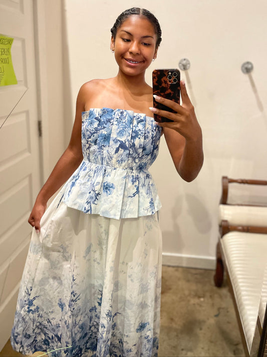 BLUE MULTI STRAPLESS TIERED DRESS