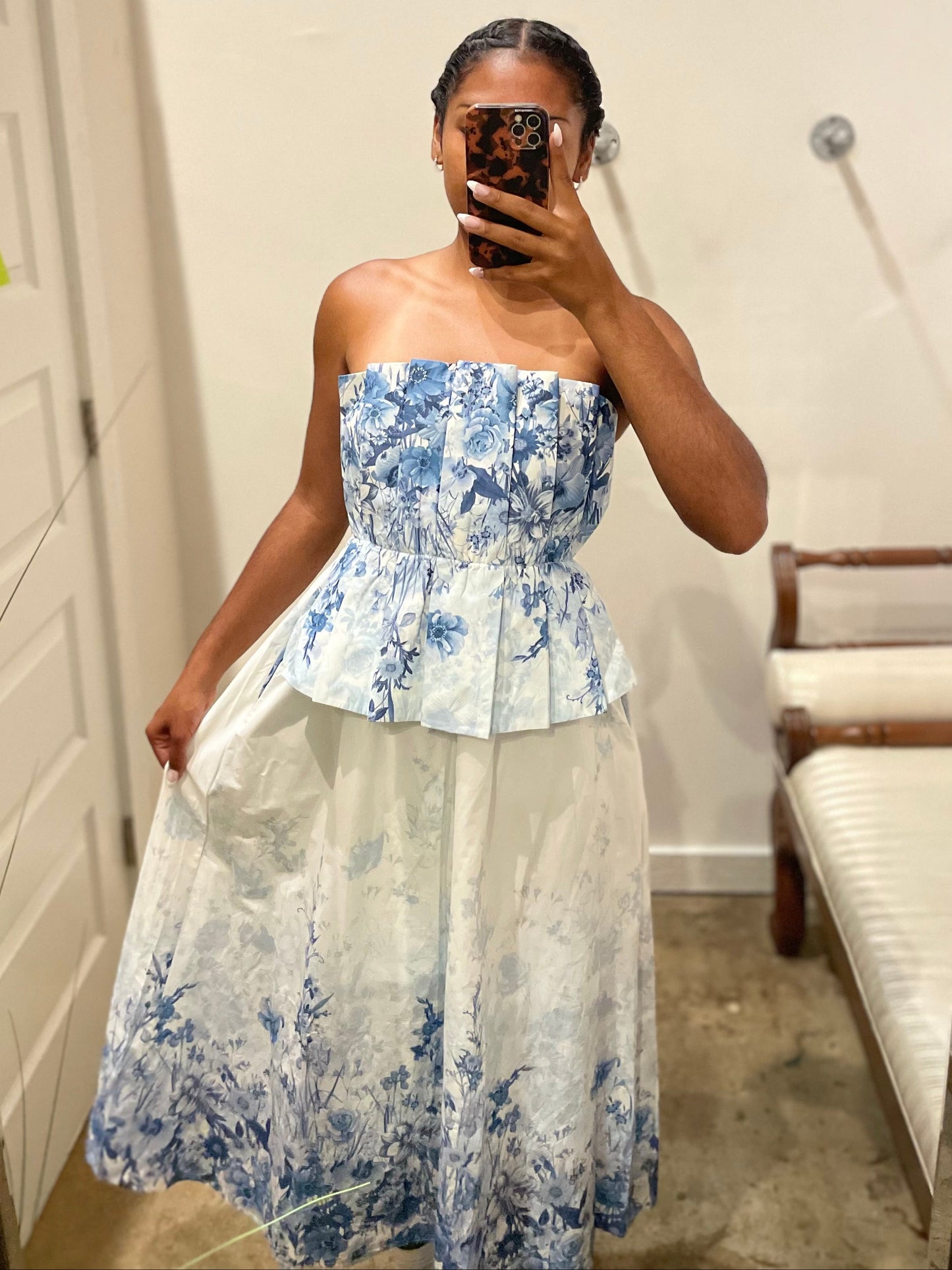 BLUE MULTI STRAPLESS TIERED DRESS