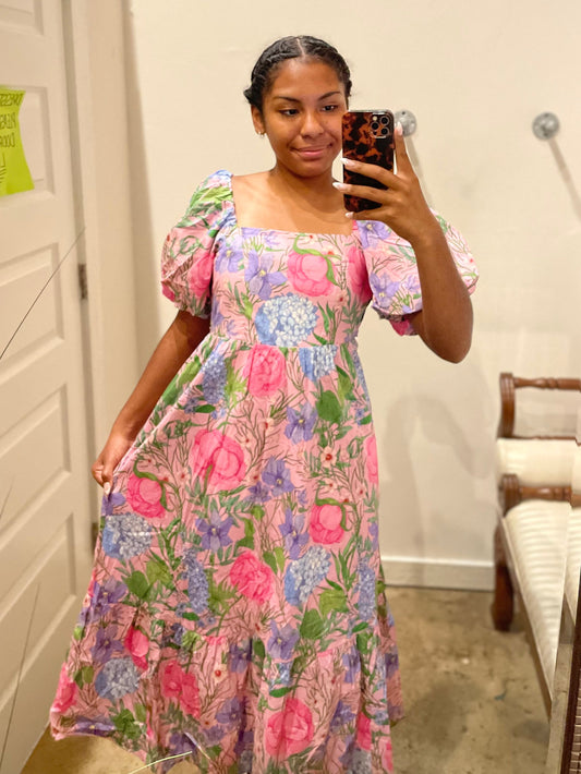 PINK FLORAL PUFF SLEEVE DRESS